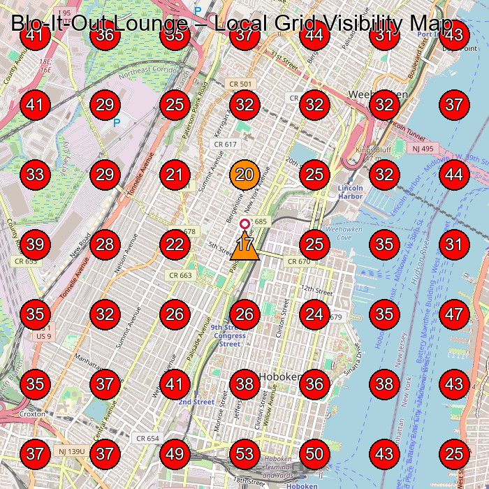 Blo-It-Out Lounge GeoGrid visibility map for Hair Salon in Hoboken
